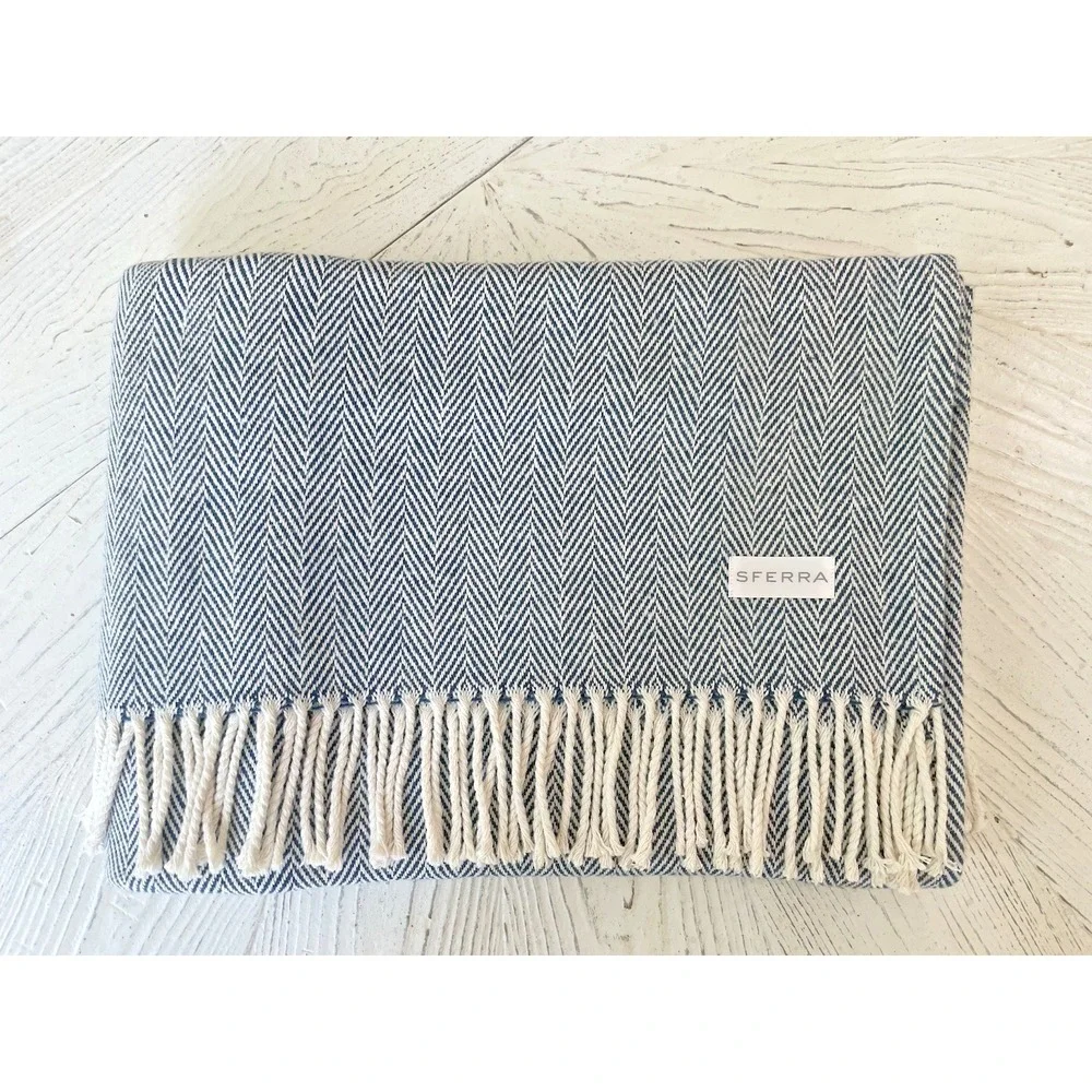 New SFERRA Blue Herringbone 51x71 Throw Blanket 100% Cotton Twisted Fringe NIB